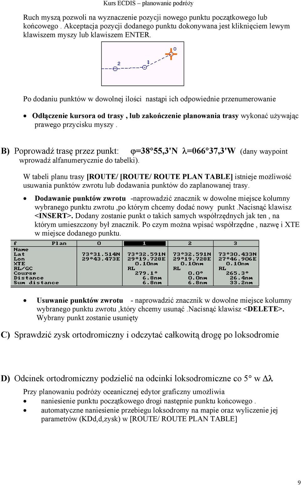 B) Poprowadź trasę przez punkt: ϕ=38 55,3'N λ=066 37,3'W (dany waypoint wprowadź alfanumerycznie do tabelki).