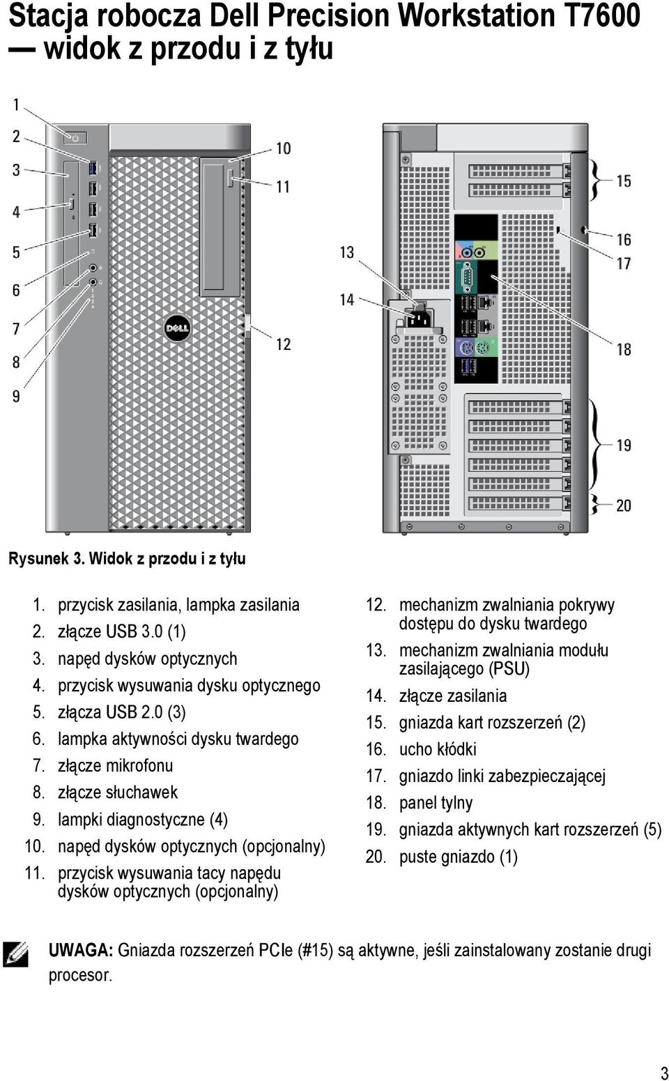 napęd dysków optycznych (opcjonalny) 11. przycisk wysuwania tacy napędu dysków optycznych (opcjonalny) 12. mechanizm zwalniania pokrywy dostępu do dysku twardego 13.