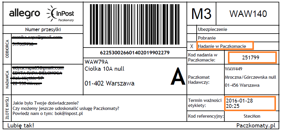 20. Przykład wygenerowanej etykiety nadawczej. Z tą etykietą udaj się do wybranego paczkomatu (lub POK) i postępuj zgodnie z instrukcją na ekranie paczkomatu.