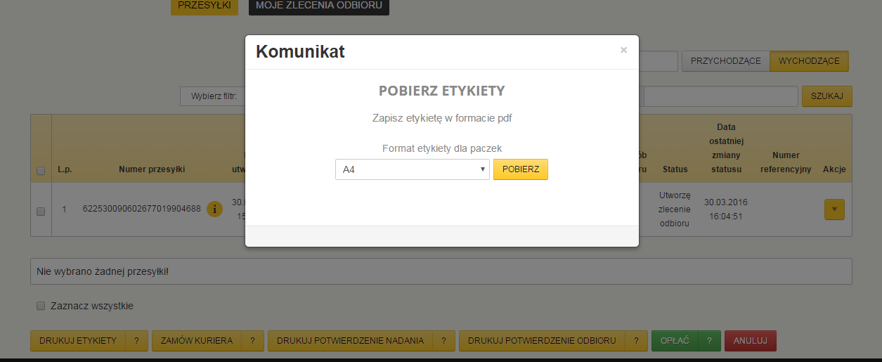 13. Następnie pozostając w tej samej zakładce MOJE PRZESYŁKI kliknij AKCJE (1) przy wybranej przesyłce i wybierz ZAMÓW KURIERA. 14.