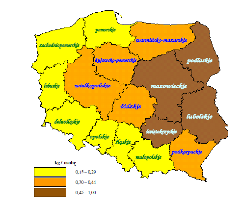 Rysunek 2 Nagromadzenie wyrobów zawierających azbest w układzie wojewódzkim Źródło: Program Oczyszczania Kraju z Azbestu na lata 2009-2032.