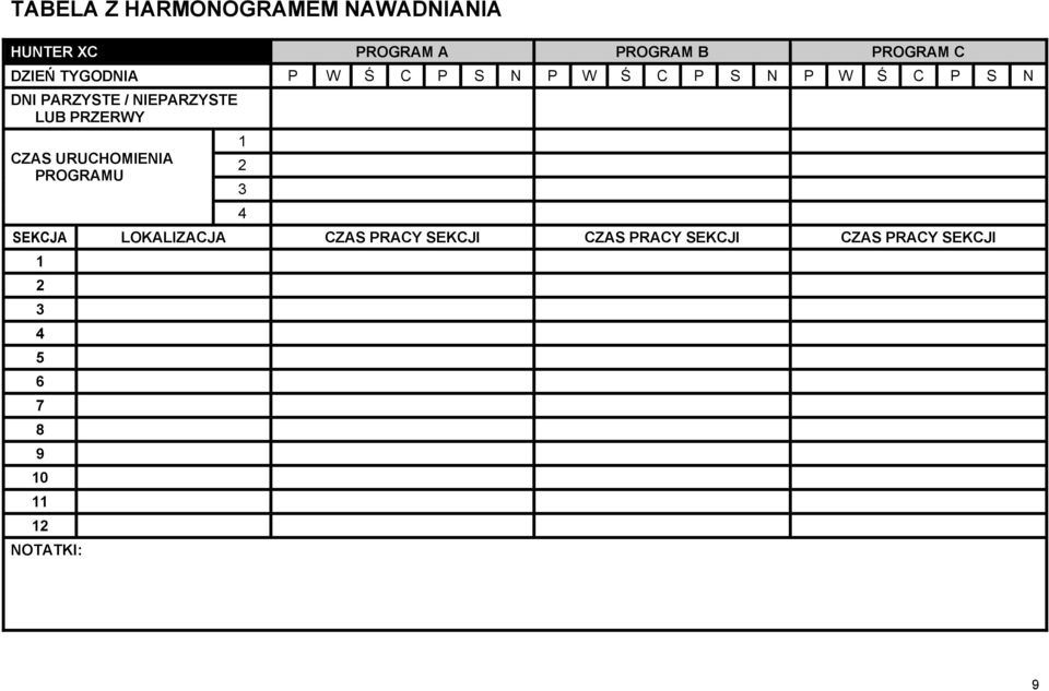 NIEPARZYSTE LUB PRZERWY CZAS URUCHOMIENIA PROGRAMU 1 2 3 4 SEKCJA LOKALIZACJA