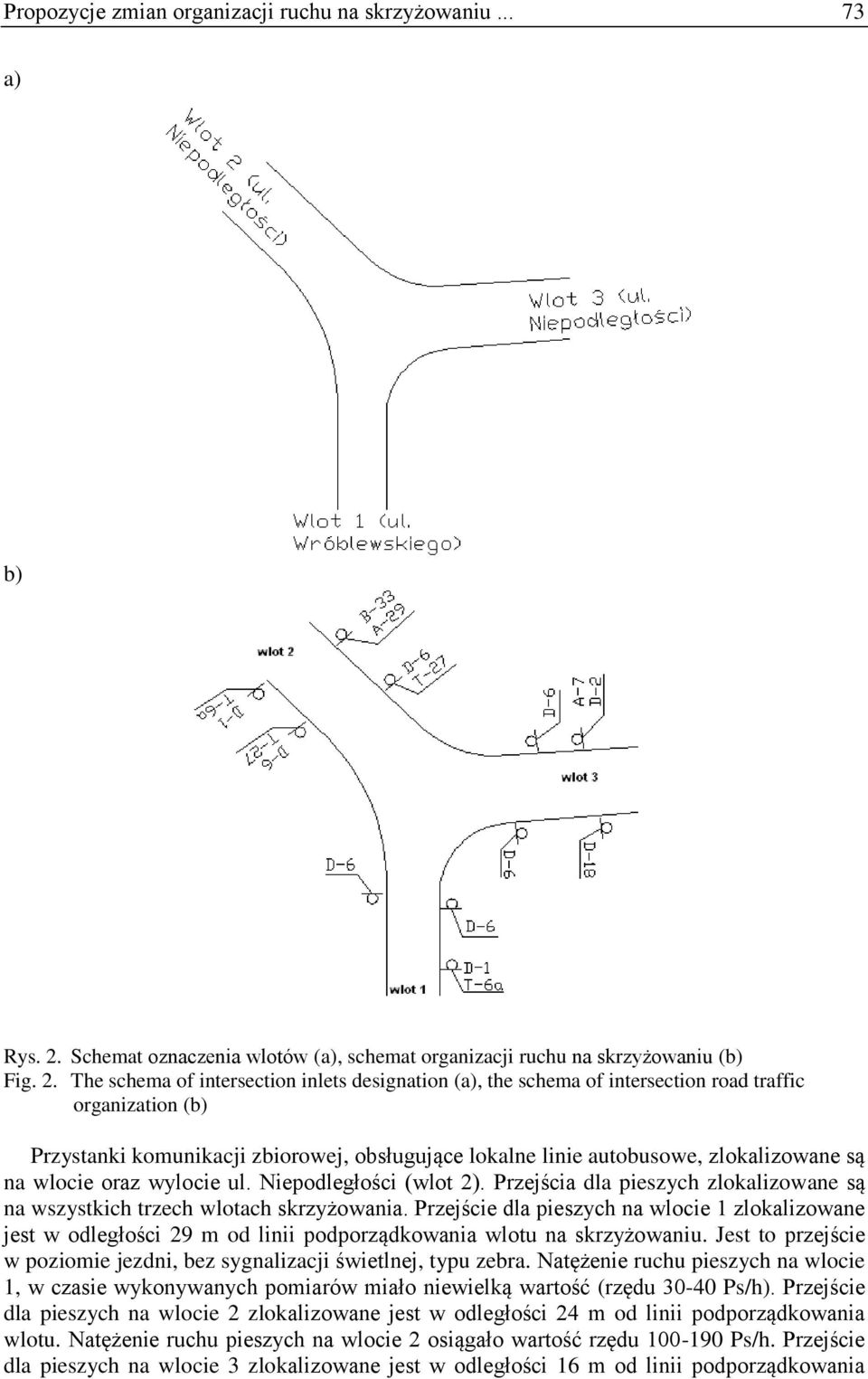 The schema of intersection inlets designation (a), the schema of intersection road traffic organization (b) Przystanki komunikacji zbiorowej, obsługujące lokalne linie autobusowe, zlokalizowane są na