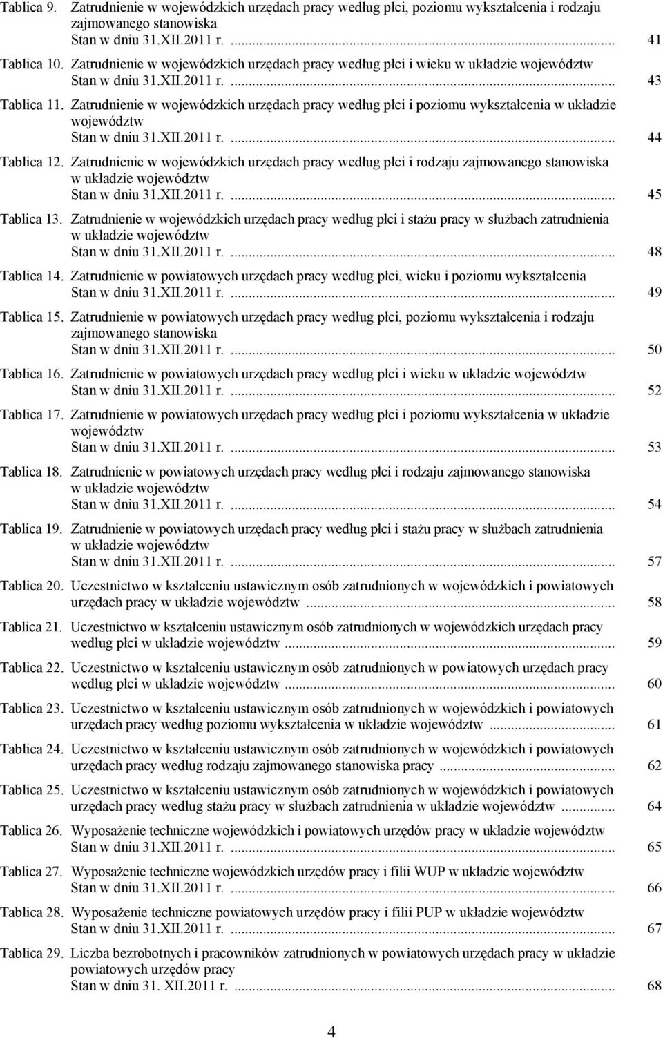 Zatrudnienie w wojewódzkich urzędach według płci i poziomu wykształcenia w układzie województw Stan w dniu 31.XII.2011 r.... 44 Tablica 12.