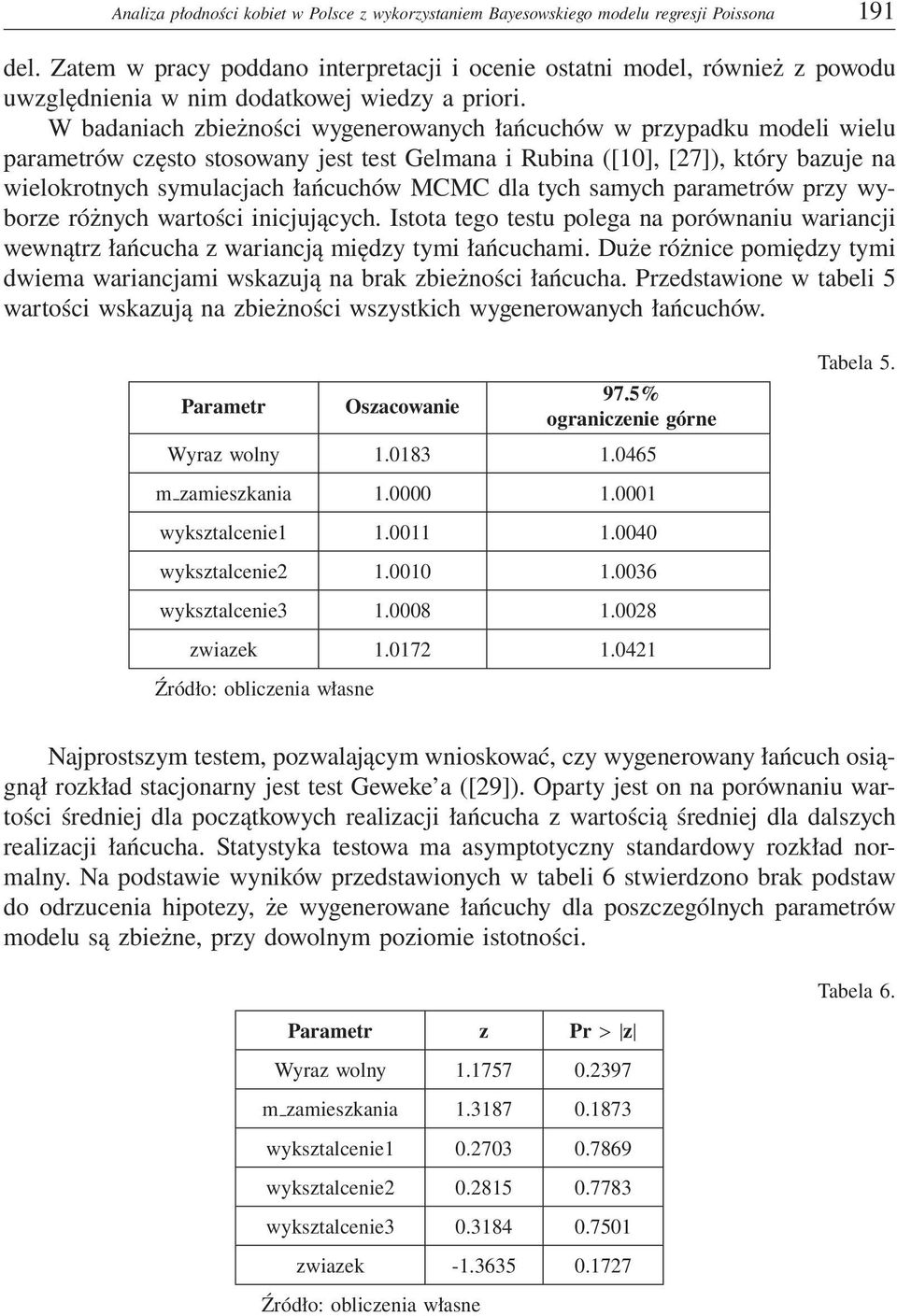 W badaniach zbieżności wygenerowanych łańcuchów w przypadku modeli wielu parametrów często stosowany jest test Gelmana i Rubina ([10], [27]), który bazuje na wielokrotnych symulacjach łańcuchów MCMC