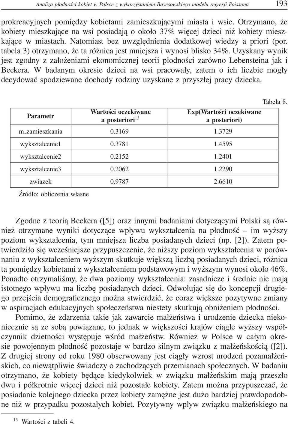 tabela 3) otrzymano, że ta różnica jest mniejsza i wynosi blisko 34%. Uzyskany wynik jest zgodny z założeniami ekonomicznej teorii płodności zarówno Lebensteina jak i Beckera.