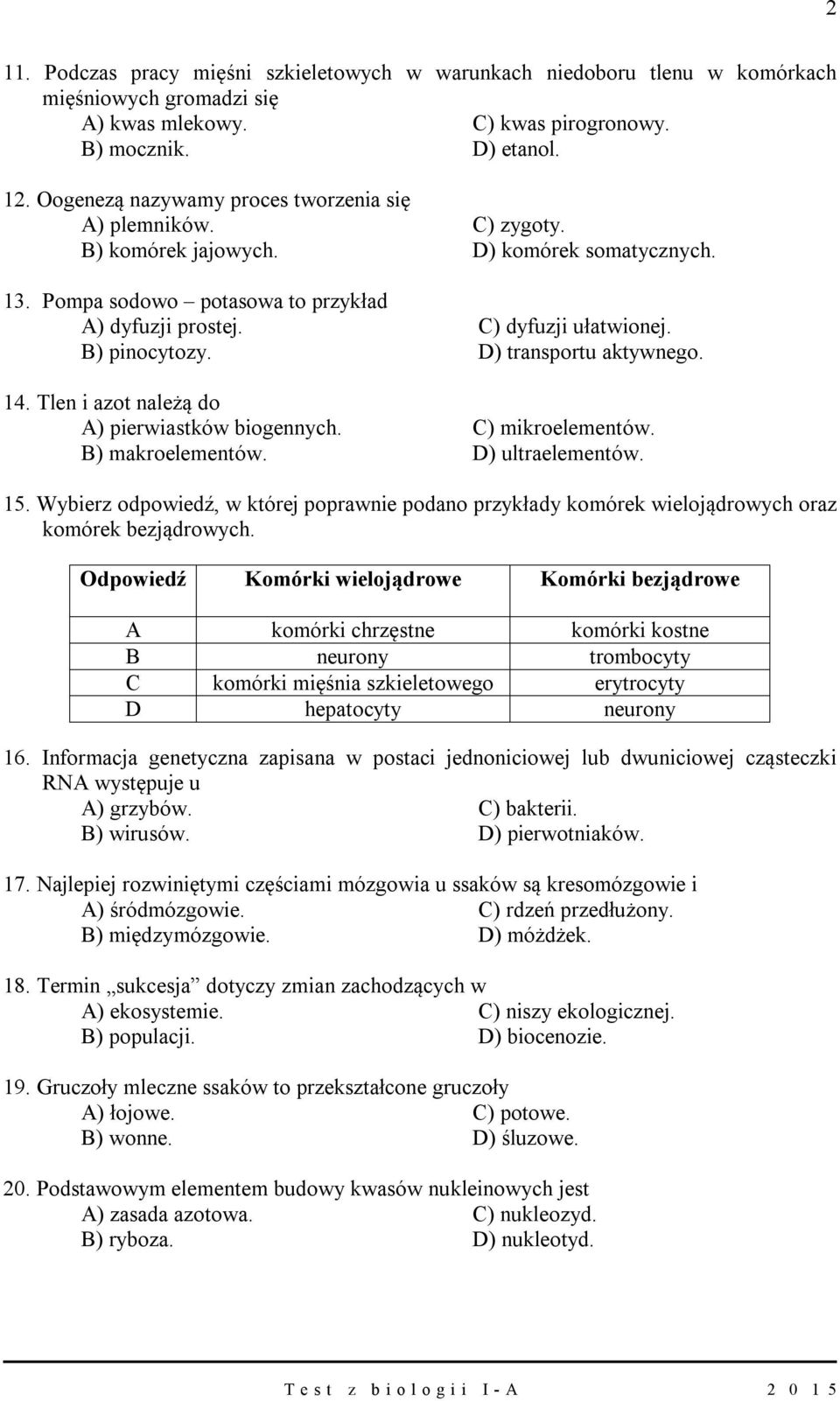 B) pinocytozy. D) transportu aktywnego. 14. Tlen i azot należą do A) pierwiastków biogennych. C) mikroelementów. B) makroelementów. D) ultraelementów. 15.