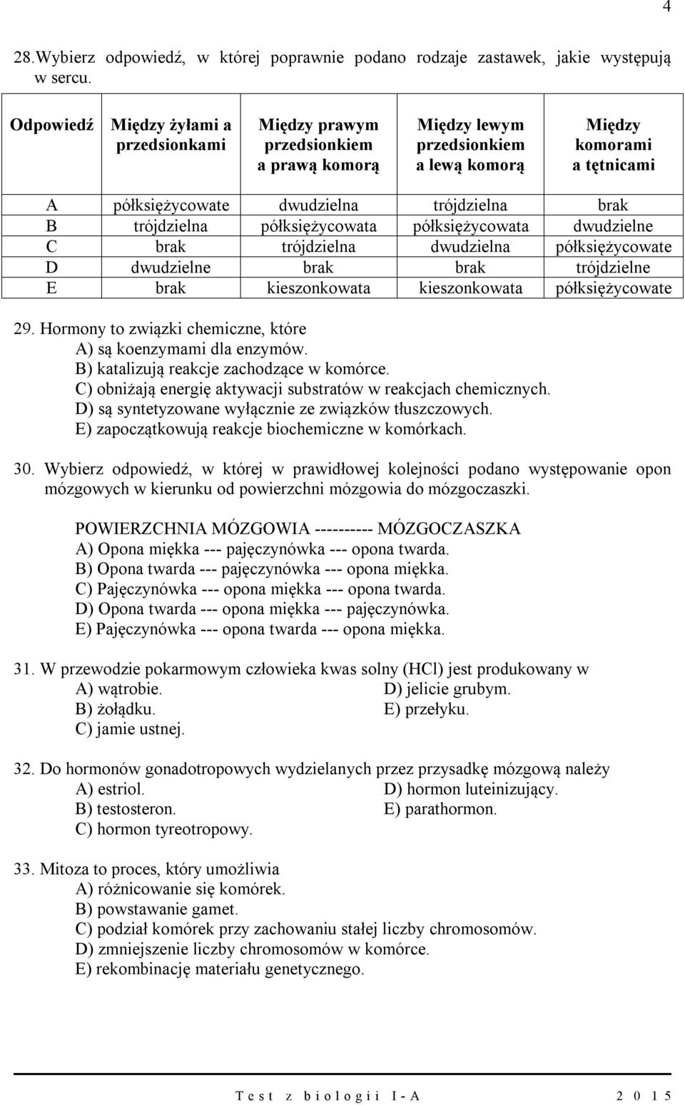 trójdzielna półksiężycowata półksiężycowata dwudzielne C brak trójdzielna dwudzielna półksiężycowate D dwudzielne brak brak trójdzielne E brak kieszonkowata kieszonkowata półksiężycowate 29.