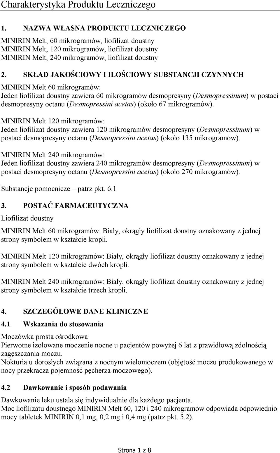 SKŁAD JAKOŚCIOWY I ILOŚCIOWY SUBSTANCJI CZYNNYCH MINIRIN Melt 60 mikrogramów: Jeden liofilizat doustny zawiera 60 mikrogramów desmopresyny (Desmopressinum) w postaci desmopresyny octanu