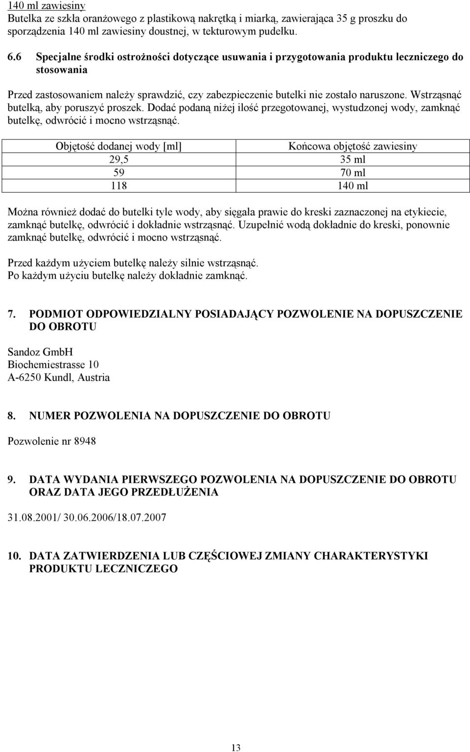 Wstrząsnąć butelką, aby poruszyć proszek. Dodać podaną niżej ilość przegotowanej, wystudzonej wody, zamknąć butelkę, odwrócić i mocno wstrząsnąć.