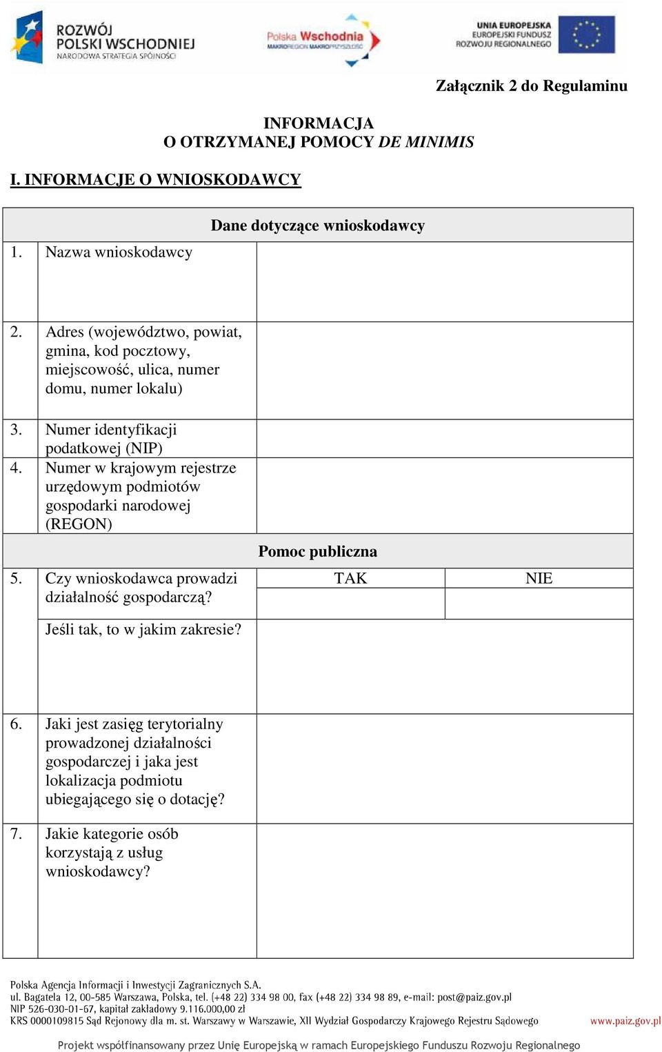 Numer w krajowym rejestrze urzędowym podmiotów gospodarki narodowej (REGON) 5. Czy wnioskodawca prowadzi działalność gospodarczą? Jeśli tak, to w jakim zakresie?