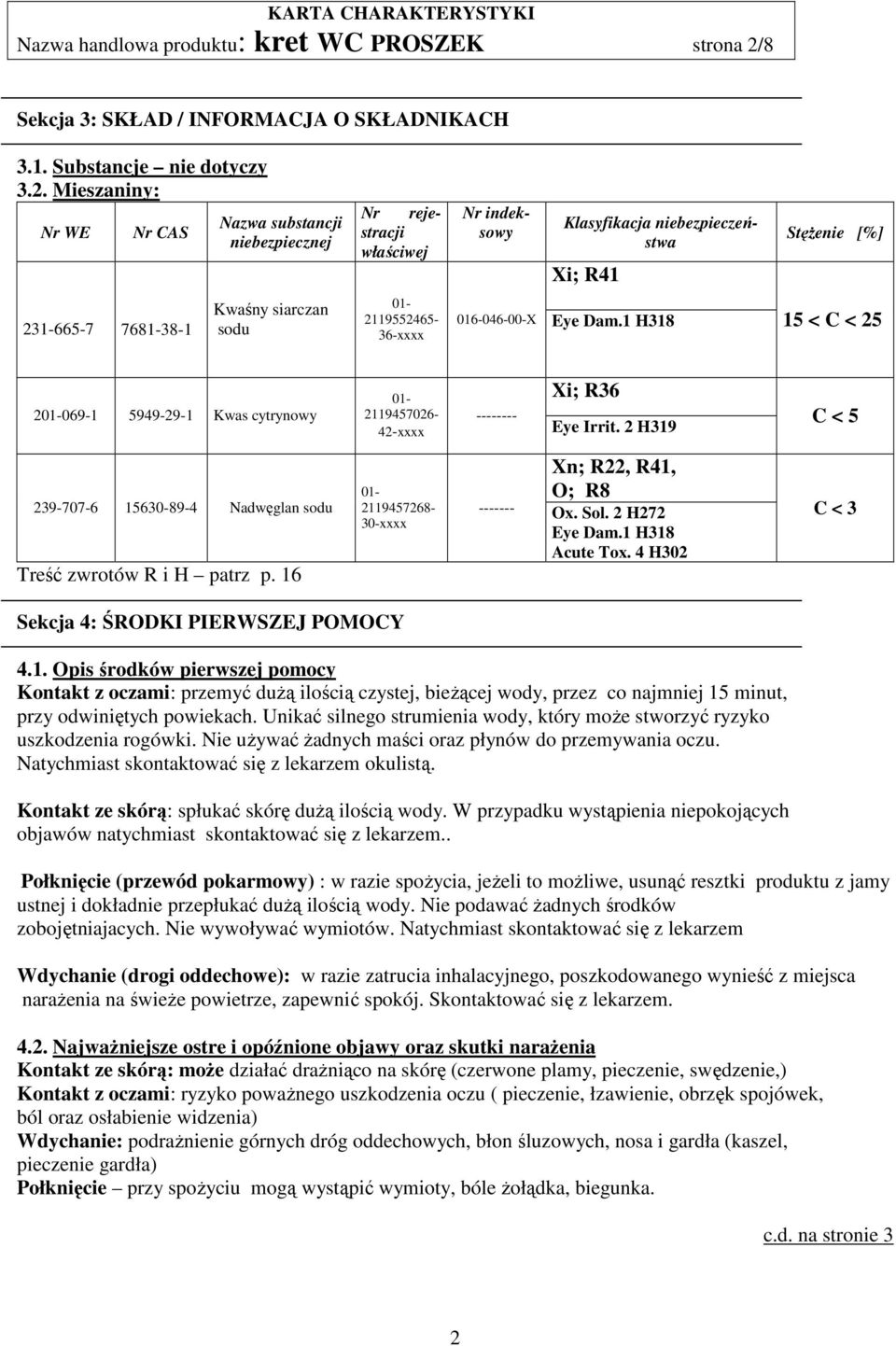 Mieszaniny: Nr WE Nr CAS 231-665-7 7681-38-1 Nazwa substancji niebezpiecznej Kwaśny siarczan sodu Nr rejestracji właściwej Klasyfikacja niebezpieczeństwa 01-2119552465- 36-xxxx Nr indeksowy Xi; R41