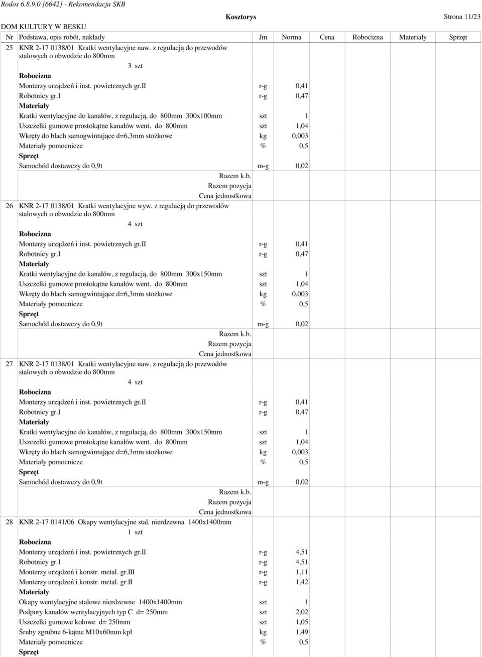 i r-g 0,47 Kratki wentylacyjne do kanałów, z regulacją, do 800mm 300x100mm szt 1 Uszczelki gumowe prostokątne kanałów went.