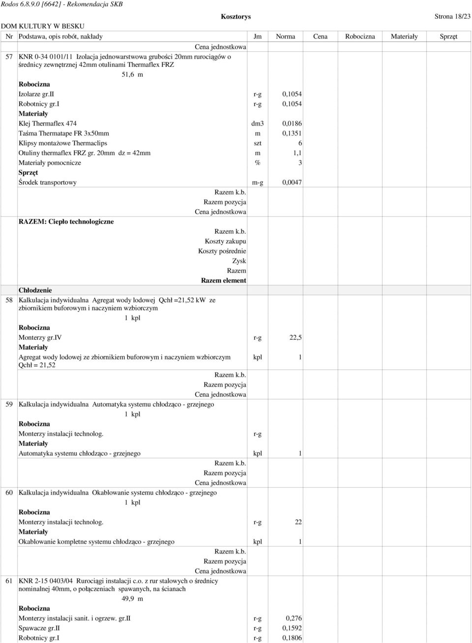 20mm dz = 42mm m 1,1 pomocnicze % 3 Środek transportowy m-g 0,0047 RAZEM: Ciepło technologiczne Koszty zakupu Koszty pośrednie Zysk Razem Razem element Chłodzenie 58 Kalkulacja indywidualna Agregat
