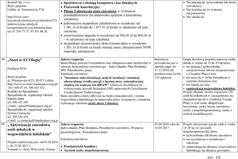 pl/ (81) 440 47 45, 506 453 432 Kontakt do Specjalistów Specjalistka ds. organizacji szkoleń Izabela Jańta tel. 506 453 430 e-mail: i.janta@fundacjaeco.org.pl Specjalistka ds.