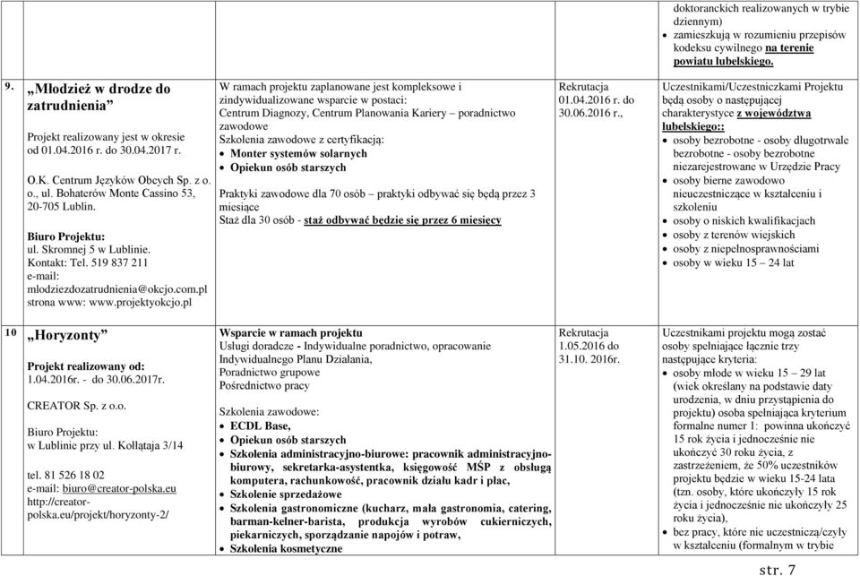Biuro Projektu: ul. Skromnej 5 w Lublinie. Kontakt: Tel. 519 837 211 e-mail: mlodziezdozatrudnienia@okcjo.com.pl strona www: www.projektyokcjo.