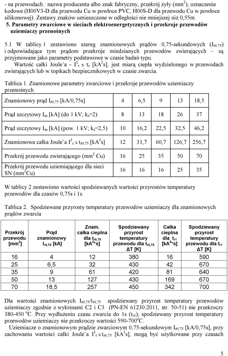 1 W tablicy 1 zestawiono szereg znamionowych prądów 0,75-sekundowych (I r0,75 ) i odpowiadające tym prądom przekroje miedzianych przewodów zwierających są przyjmowane jako parametry podstawowe w
