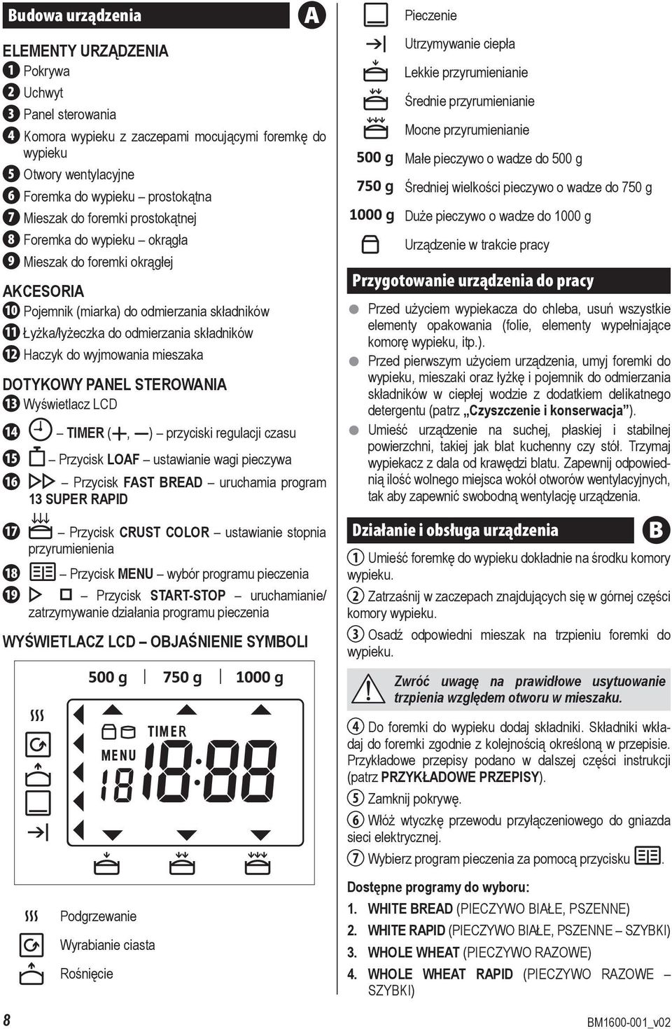 wyjmowania mieszaka DOTYKOWY PANEL STEROWANIA 13 Wyświetlacz LCD 14 TIMER (, ) przyciski regulacji czasu 15 Przycisk LOAF ustawianie wagi pieczywa 16 Przycisk FAST BREAD uruchamia program 13 SUPER