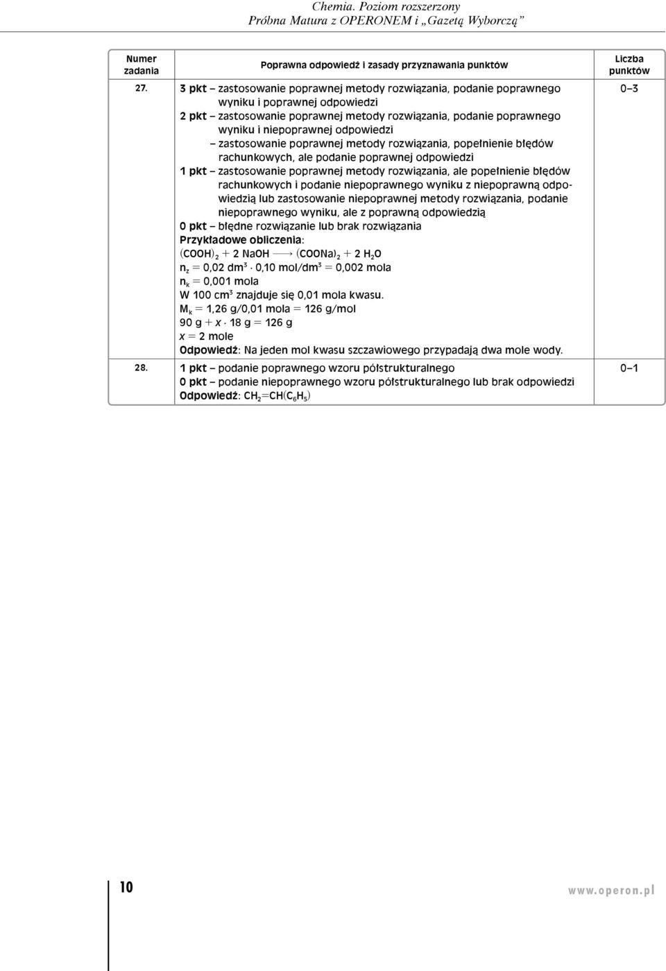 niepoprawnej metody rozwiązania, podanie niepoprawnego wyniku, ale z poprawną odpowiedzią (COOH) + NaOH $ (COONa) + H O n z = 0,0 dm 0,10 mol/dm = 0,00 mola n k = 0,001 mola W 100 cm znajduje się