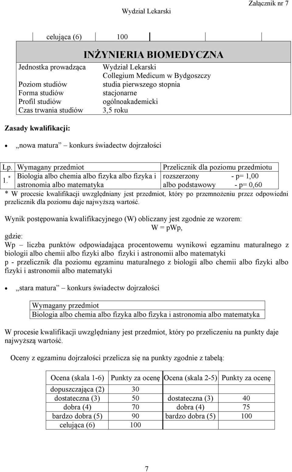 * Biologia albo chemia albo fizyka albo fizyka i rozszerzony - p= 1,00 astronomia albo matematyka albo podstawowy - p= 0,60 * W procesie kwalifikacji uwzględniany jest przedmiot, który po