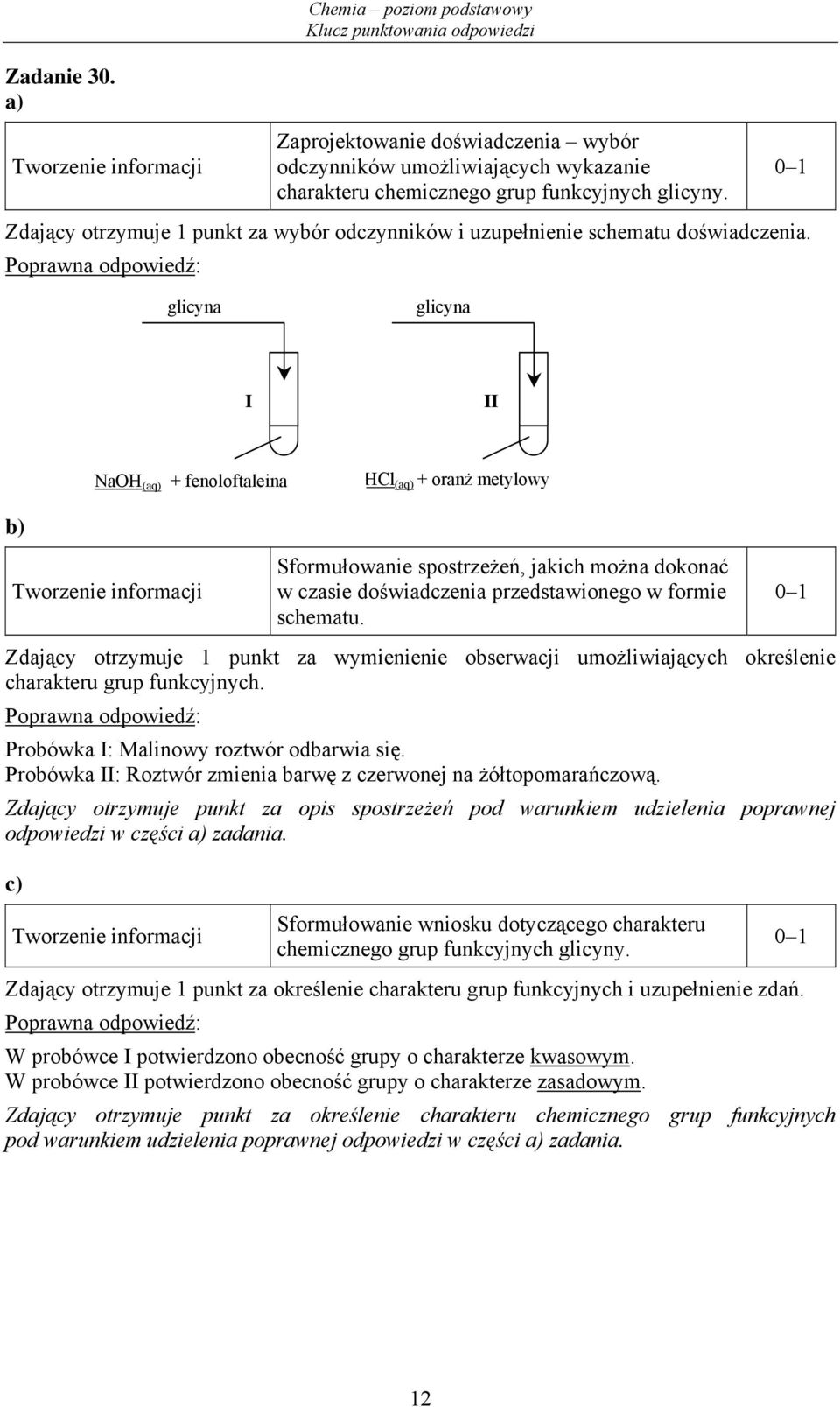 glicyna glicyna I II NaOH (aq) + fenoloftaleina HCl (aq) + oranż metylowy Sformułowanie spostrzeżeń, jakich można dokonać w czasie doświadczenia przedstawionego w formie schematu.