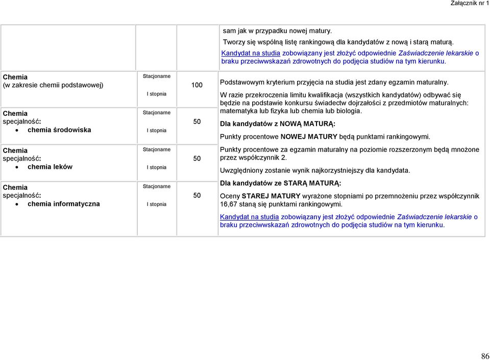 W razie przekroczenia limitu kwalifikacja (wszystkich kandydatów) odbywać się będzie na podstawie konkursu świadectw dojrzałości z przedmiotów maturalnych: matematyka lub fizyka lub chemia lub