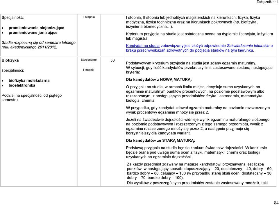 Kryterium przyjęcia na studia jest ostateczna ocena na dyplomie licencjata, inżyniera lub magistra. Biofizyka specjalności: Podstawowym kryterium przyjęcia na studia jest zdany egzamin maturalny.