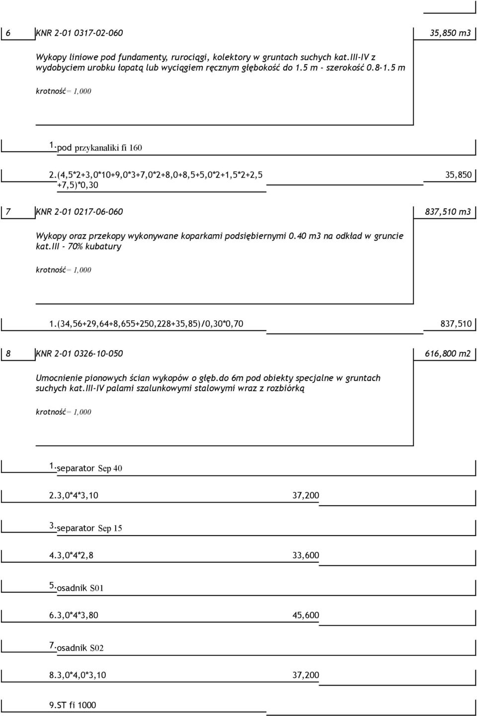 40 m3 na odkład w gruncie kat.iii - 70% kubatury 1.(34,56+29,64+8,655+250,228+35,85)/0,30*0,70 837,510 8 KNR 2-01 0326-10-050 616,800 m2 Umocnienie pionowych ścian wykopów o głęb.