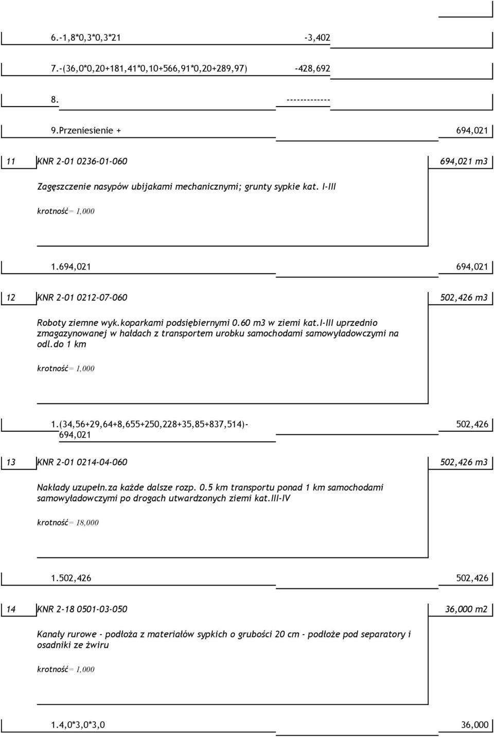 694,021 694,021 12 KNR 2-01 0212-07-060 502,426 m3 Roboty ziemne wyk.koparkami podsiębiernymi 0.60 m3 w ziemi kat.