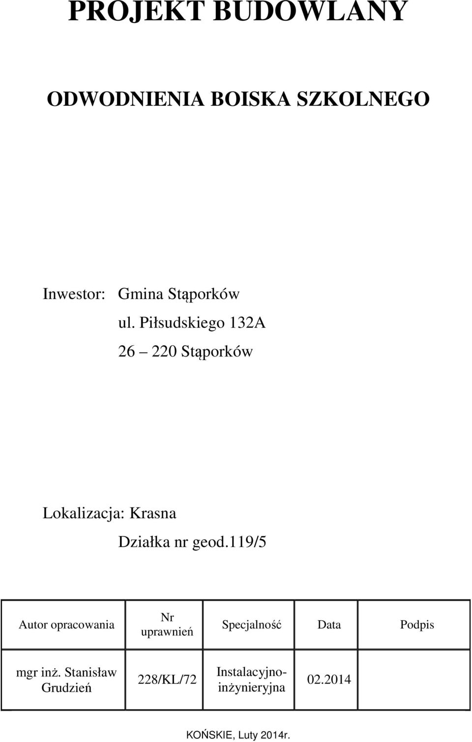 119/5 Autor opracowania Nr uprawnień Specjalność Data Podpis mgr inż.