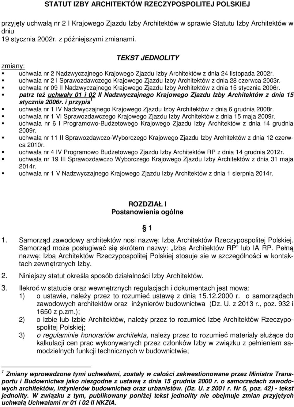 uchwała nr 2 I Sprawozdawczego Krajowego Zjazdu Izby Architektów z dnia 28 czerwca 2003r. uchwała nr 09 II Nadzwyczajnego Krajowego Zjazdu Izby Architektów z dnia 15 stycznia 2006r.