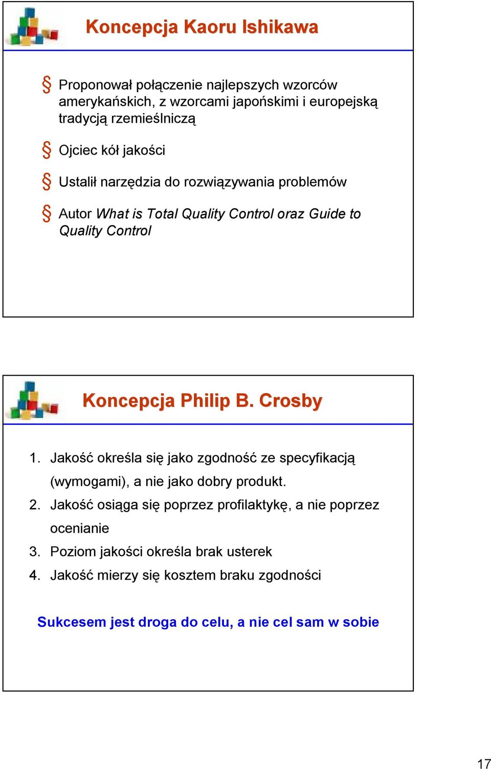 Crosby 1. Jakość określa się jako zgodność ze specyfikacją (wymogami), a nie jako dobry produkt. 2.