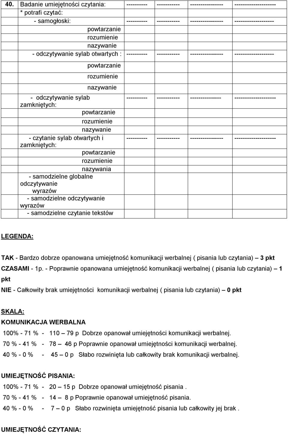 czytanie tekstów ---------- ----------- --------------- -------------------- LEGENDA: TAK - Bardzo dobrze opanowana umiejętność komunikacji werbalnej ( pisania lub czytania) 3 pkt CZASAMI - 1p.