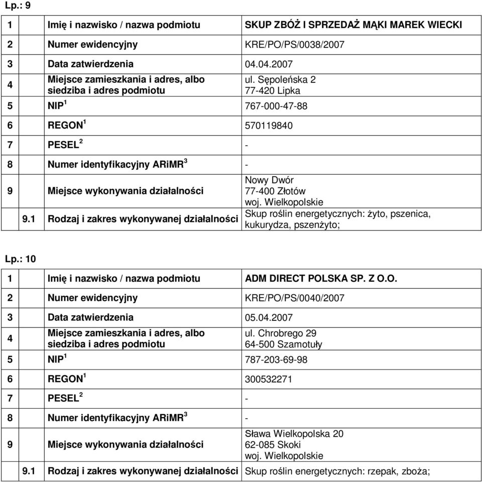 Wielkopolskie Skup roślin energetycznych: żyto, pszenica, kukurydza, pszenżyto; Lp.: 10 ADM DIRECT POL