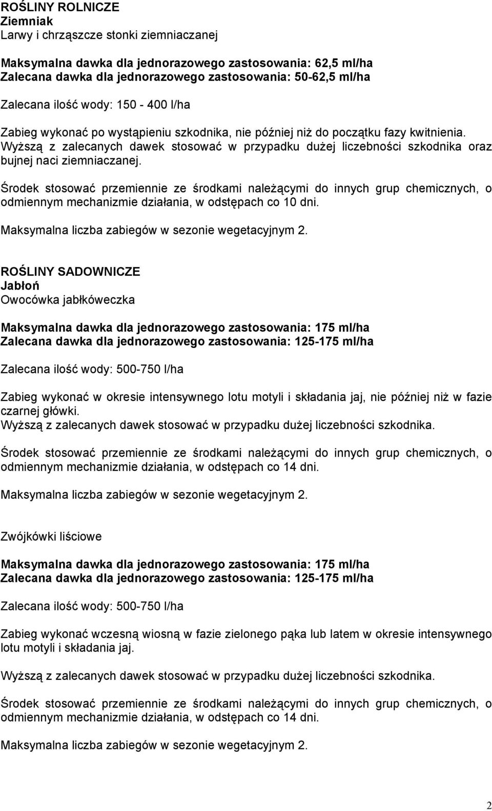 Wyższą z zalecanych dawek stosować w przypadku dużej liczebności szkodnika oraz bujnej naci ziemniaczanej. odmiennym mechanizmie działania, w odstępach co 10 dni.