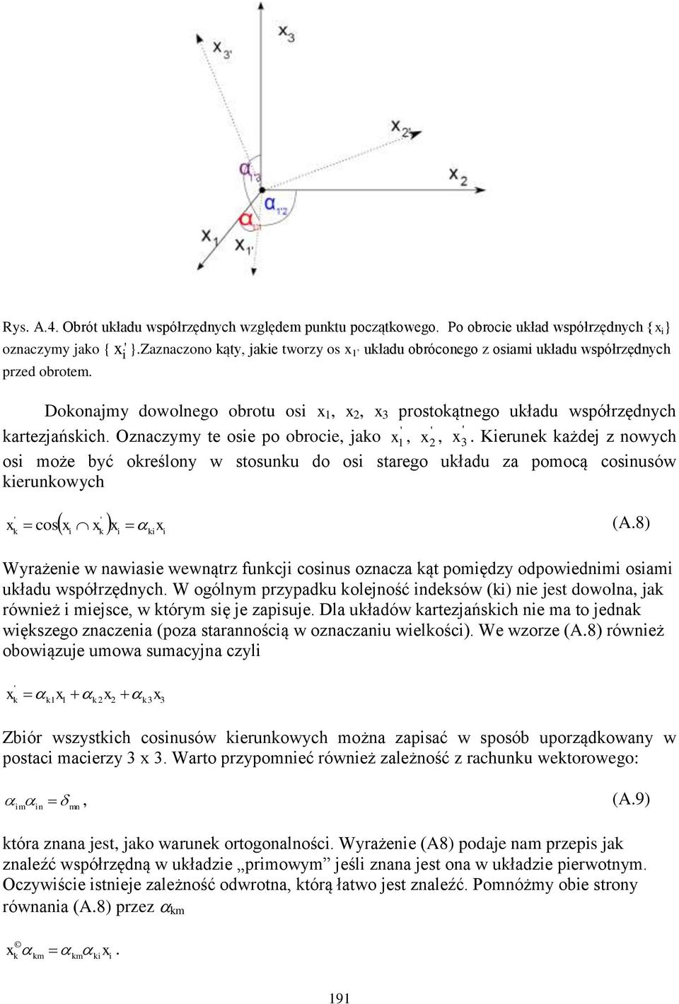 Kerue ażde z owych os może być oreśloy w sosuu do os sarego uładu za pomocą cosusów eruowych x ' ' x x x x cos (A.8) Wyrażee w awase wewąrz fuc cosus ozacza ą pomędzy odpowedm osam uładu współrzędych.
