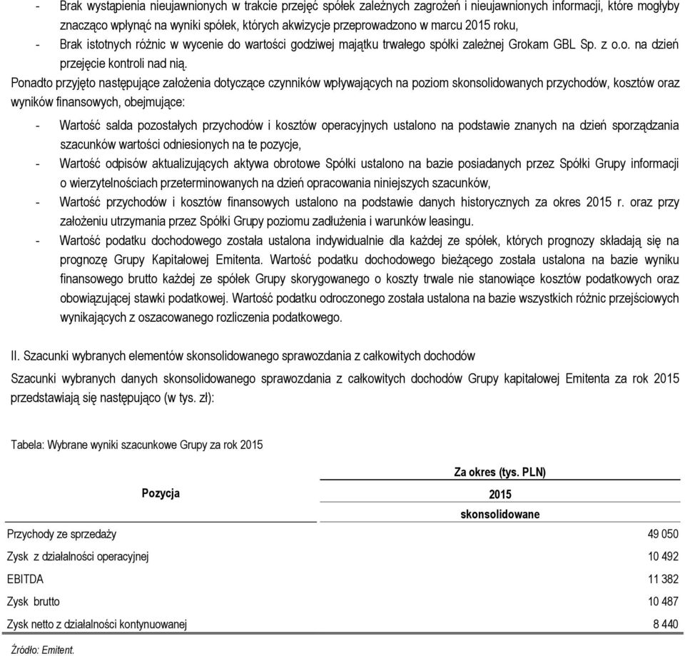 Ponadto przyjęto następujące założenia dotyczące czynników wpływających na poziom skonsolidowanych przychodów, kosztów oraz wyników finansowych, obejmujące: - Wartość salda pozostałych przychodów i