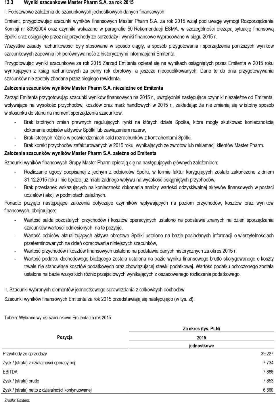 za rok 2015 wziął pod uwagę wymogi Rozporządzenia Komisji nr 809/2004 oraz czynniki wskazane w paragrafie 50 Rekomendacji ESMA, w szczególności bieżącą sytuację finansową Spółki oraz osiągnięte przez