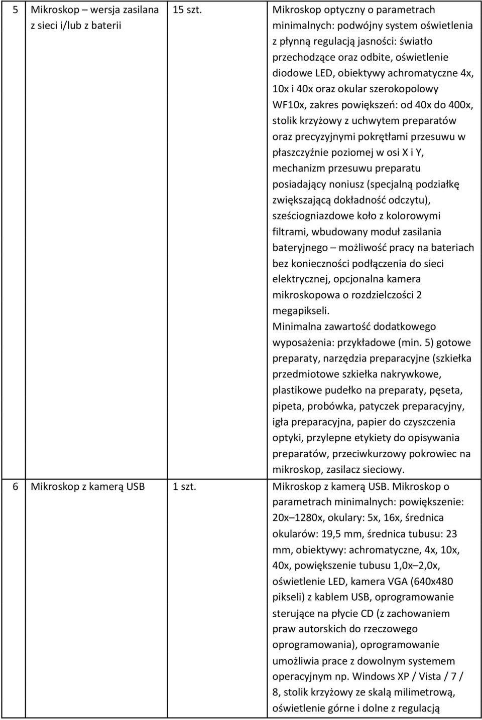 achromatyczne 4x, 10x i 40x oraz okular szerokopolowy WF10x, zakres powiększeń: od 40x do 400x, stolik krzyżowy z uchwytem preparatów oraz precyzyjnymi pokrętłami przesuwu w płaszczyźnie poziomej w