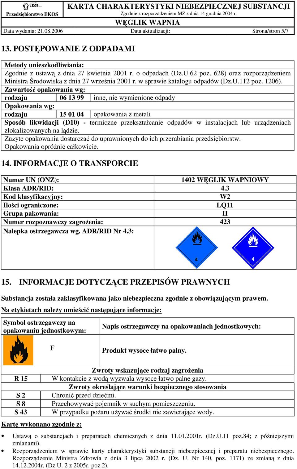 Zawartość opakowania wg: rodzaju 06 13 99 inne, nie wymienione odpady Opakowania wg: rodzaju 15 01 04 opakowania z metali Sposób likwidacji (D10) - termiczne przekształcanie odpadów w instalacjach