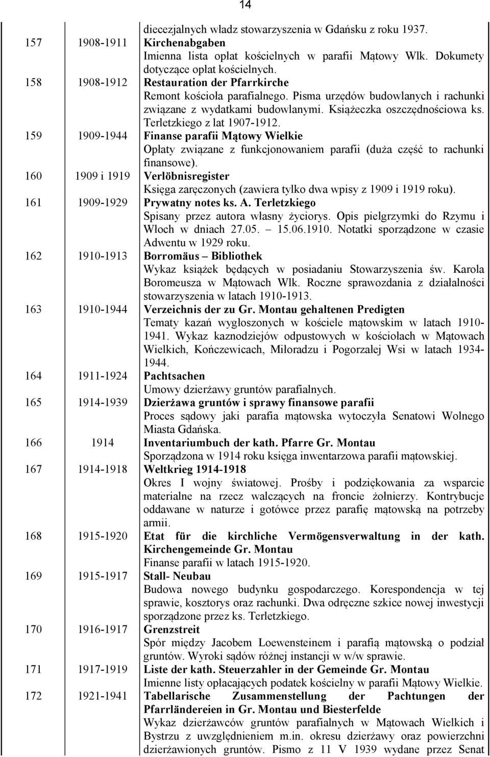 Terletzkiego z lat 1907-1912. 159 1909-1944 Finanse parafii Mątowy Wielkie Opłaty związane z funkcjonowaniem parafii (duża część to rachunki finansowe).