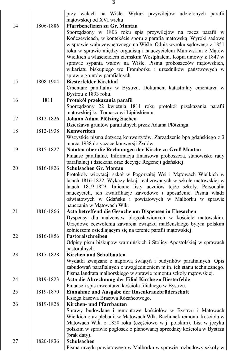 Odpis wyroku sądowego z 1851 roku w sprawie między organistą i nauczycielem Murawskim z Mątów Wielkich a właścicielem ziemskim Westphalem. Kopia umowy z 1847 w sprawie sypania wałów na Wiśle.