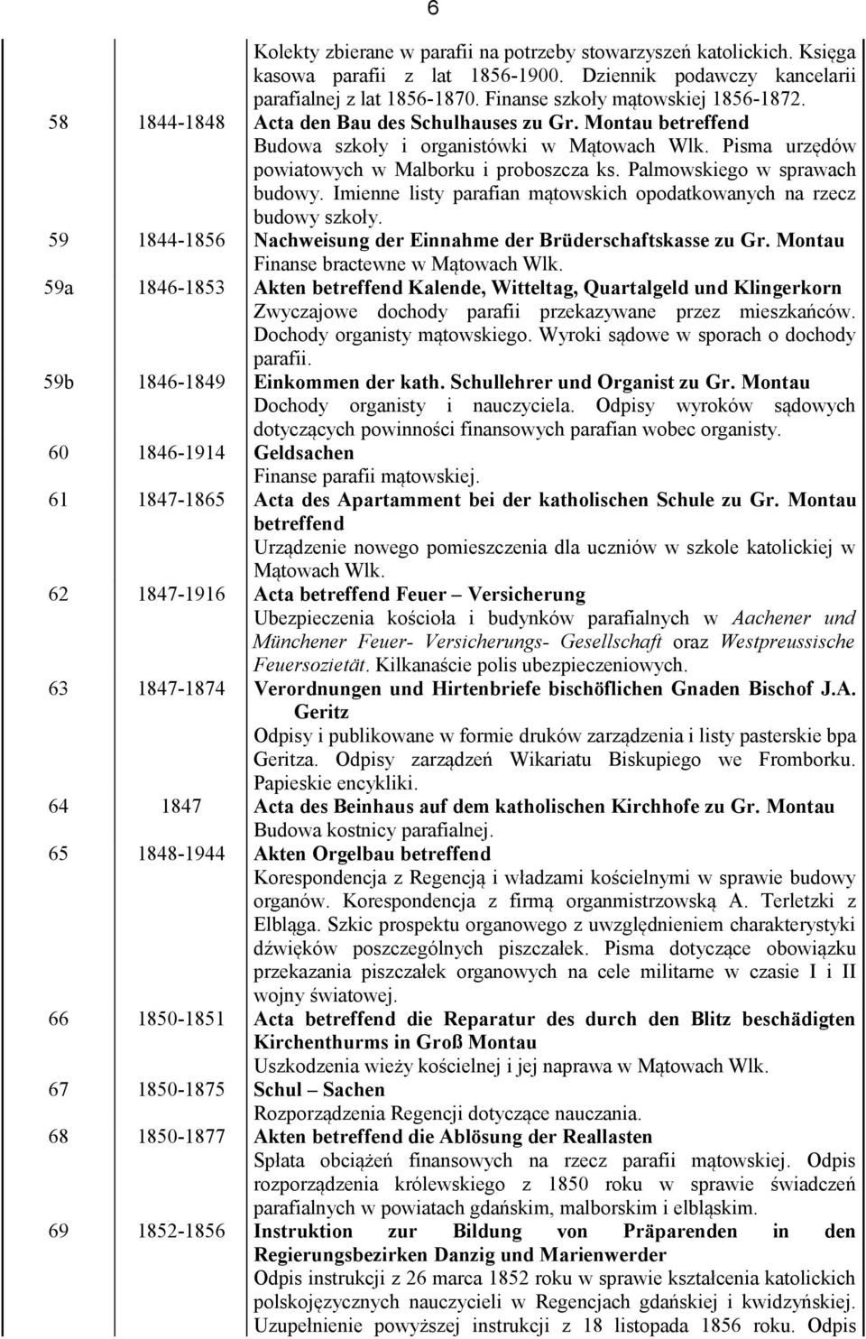 Imienne listy parafian mątowskich opodatkowanych na rzecz budowy szkoły. 59 1844-1856 Nachweisung der Einnahme der Brüderschaftskasse zu Gr. Montau Finanse bractewne w Mątowach Wlk.