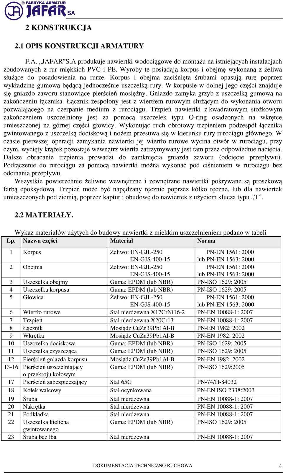 W korpusie w dolnej jego części znajduje się gniazdo zaworu stanowiące pierścień mosiężny. Gniazdo zamyka grzyb z uszczelką gumową na zakończeniu łącznika.