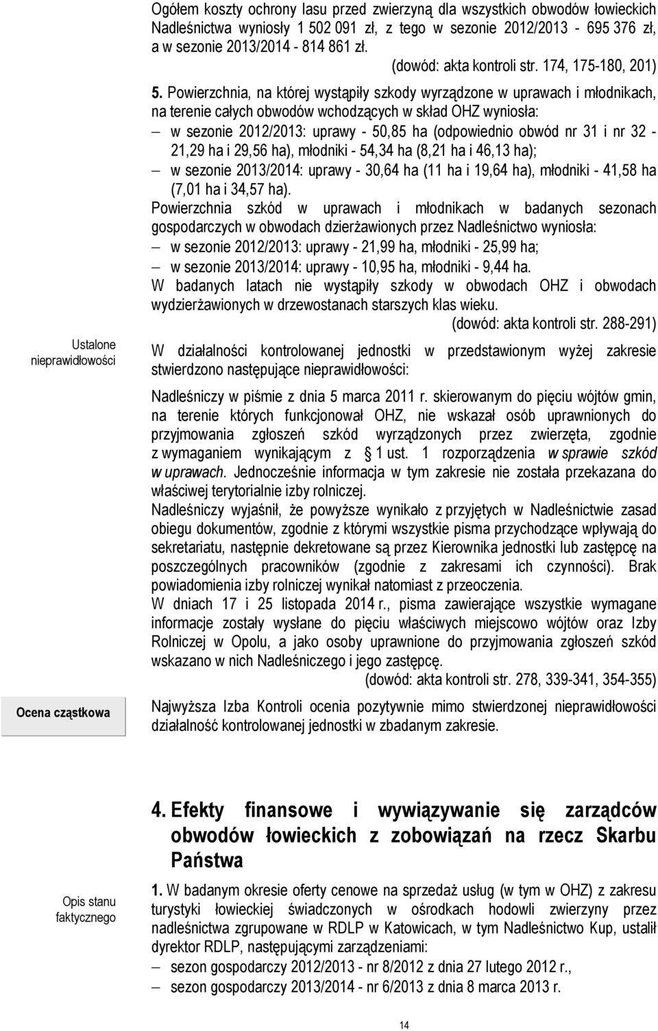 Powierzchnia, na której wystąpiły szkody wyrządzone w uprawach i młodnikach, na terenie całych obwodów wchodzących w skład OHZ wyniosła: w sezonie 2012/2013: uprawy - 50,85 ha (odpowiednio obwód nr
