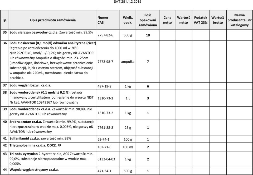 Ampułka o długości min. 23-25cm (umożliwiająca, ilościowe, bezwylewowe przeniesienie substancji), lejek z ostrym ostrzem, objętość substancji w ampułce ok. 220ml., membrana -cienka łatwa do przebicia.