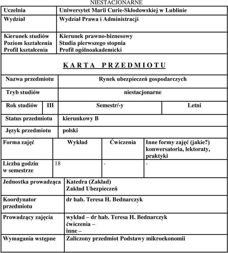 przedmiotu Język przedmiotu kierunkowy B polski Forma zajęć Wykład Ćwiczenia Inne formy zajęć (jakie?