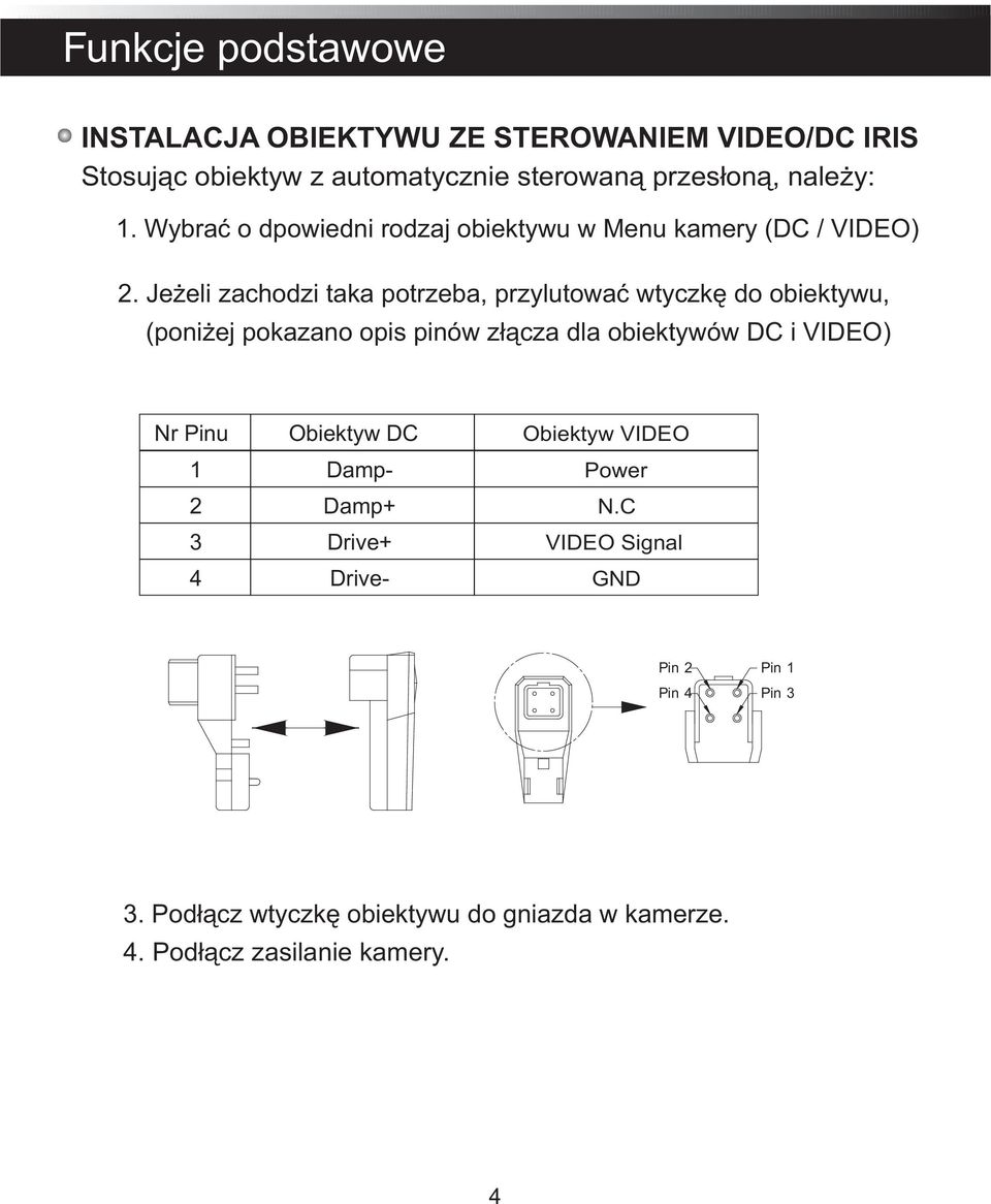 Jeżeli zachodzi taka potrzeba, przylutować wtyczkę do obiektywu, (poniżej pokazano opis pinów złącza dla obiektywów DC i VIDEO) Nr