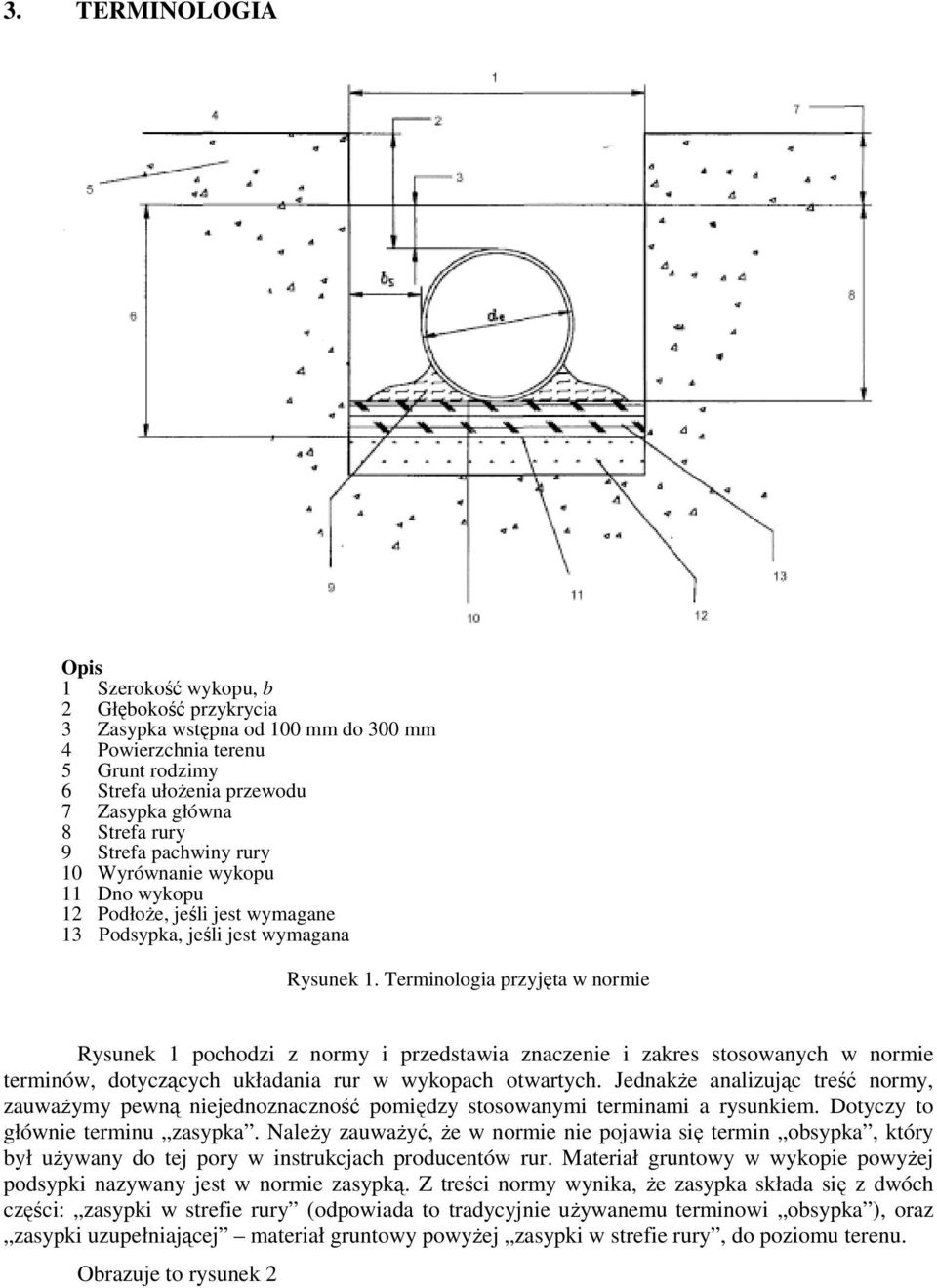 Terminologia przyjęta w normie Rysunek pochodzi z normy i przedstawia znaczenie i zakres stosowanych w normie terminów, dotyczących układania rur w wykopach otwartych.