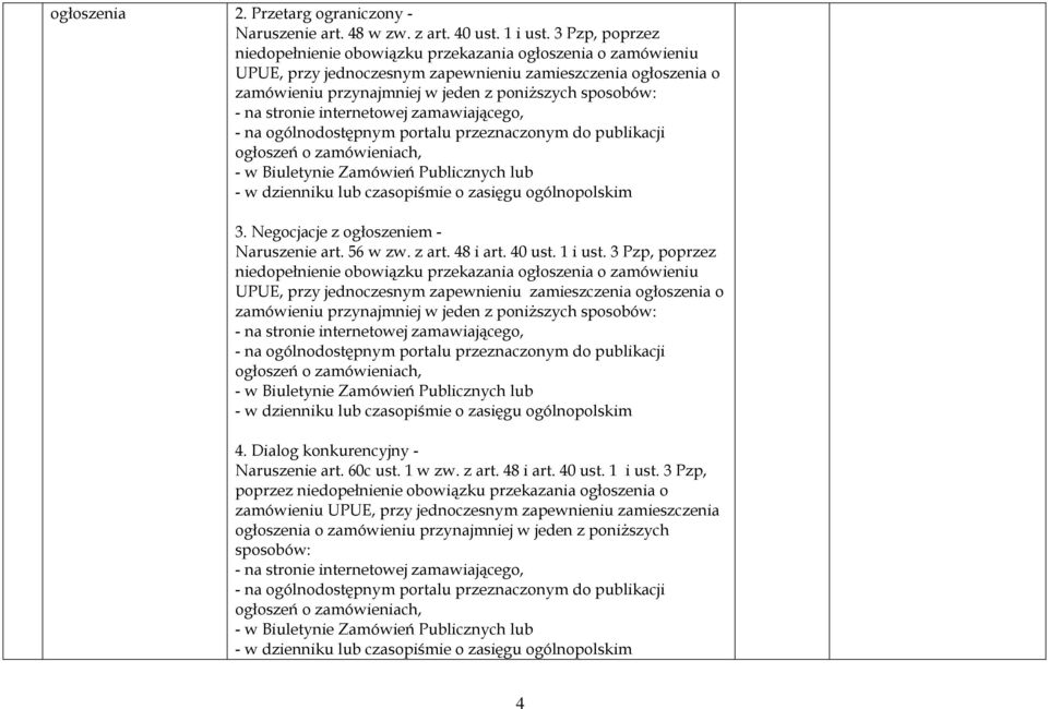 Biuletynie Zamówień Publicznych lub 3. Negocjacje z ogłoszeniem - Naruszenie art. 56 w zw. z art. 48 i art. 40 ust. 1 i ust.  Biuletynie Zamówień Publicznych lub 4.